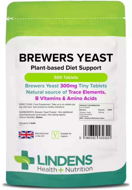 Lindens Brewers Yeast 300mg Tablets 500 Pack - B Vitamins Amino Acids Minerals