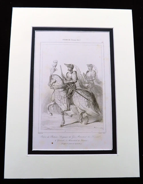 Medieval Knight Y Caballo Casa de Rohan Antiguo Francés Grabado Estampado 1830