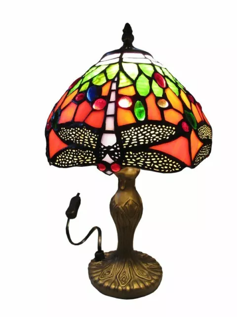 Tiffany Table Lamp Red Dragonfly Green Blue Jewels Hand Crafted Antique Base