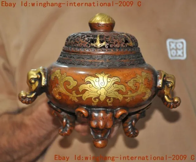 China Buddhism temple purple bronze Gilt elephant head Incense burner Censer