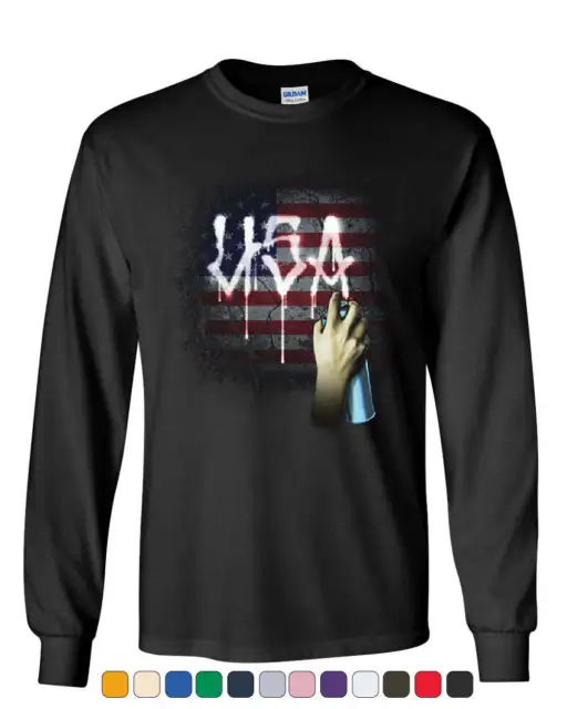 USA Flag Graffiti Long Sleeve T-Shirt Stars and Stripes Urban Tag Wall Spray Tee
