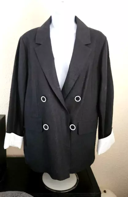 NEIMAN MARCUS Women's Black Double-Breasted Linen Blazer Jacket Size L NWOT