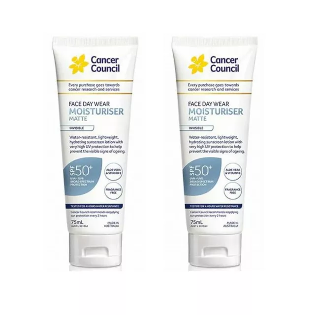 2 x Cancer Council FPS 50+ mate invisible 4 horas resistente al agua 75 ml
