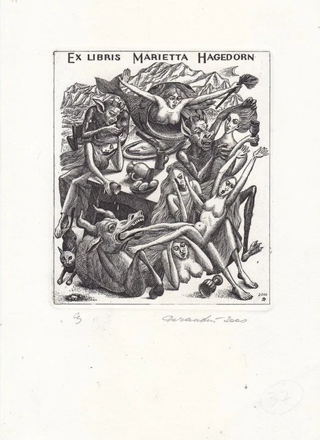 Exlibris Bookplate Radierung Alexander Durandin Frauenakte Teufel Berge Akt