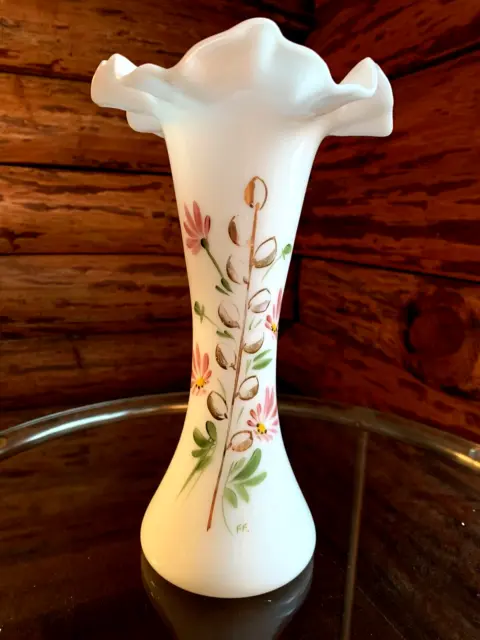 Vintage Milk Glass Vase Hand Painted Signed Floral Ruffled Edge 10 inch Antique