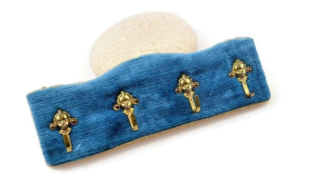 Vintage Brass Wall Mounted Coat Rack or Towel Rack blue velvet with cherubs boys