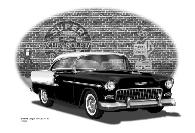 1955 Chevy Bel Air Black and White Brick Wall Muscle Car Garage Art Print 120405