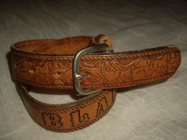 VTG K&C Trading Co. Handmade Tooled Leather Size 24 Boy's Belt Horses "Blake"