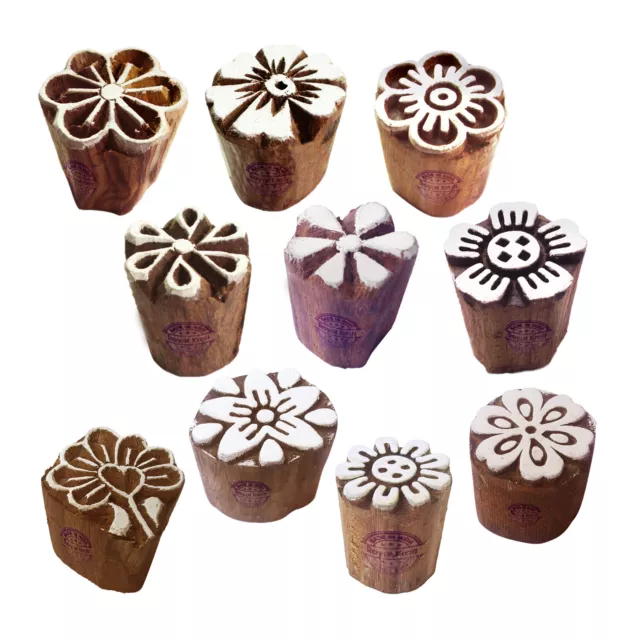 Henna Holz Druck Schick Klein Runden Blumen Muster Blocke Stempel (Set von 10)