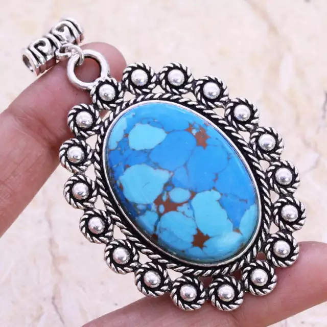 Copper Turquoise Art Piece 925 Silver Plated Pendant of 2.5"
