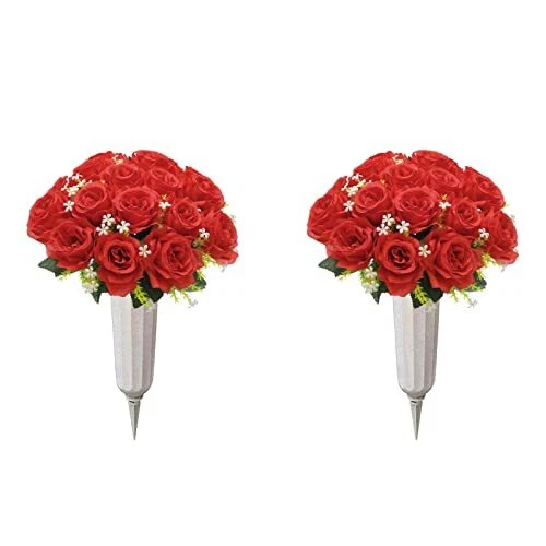 2Pcs Artificial Cemetery Flowers for Grave Silk Memorial Rose Flowers Outdoor