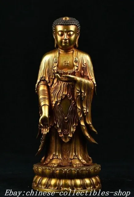 Old China Tibet Buddhism Bronze gilt Stand Shakyamuni Amitabha Buddha Statue