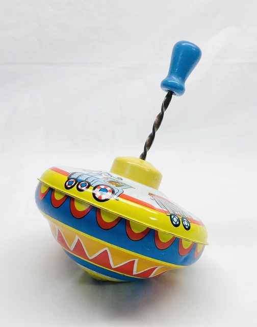 Vintage Ohio Art Tin Metal Spinning Top Litho Circus Animals Train Wood Knob EUC