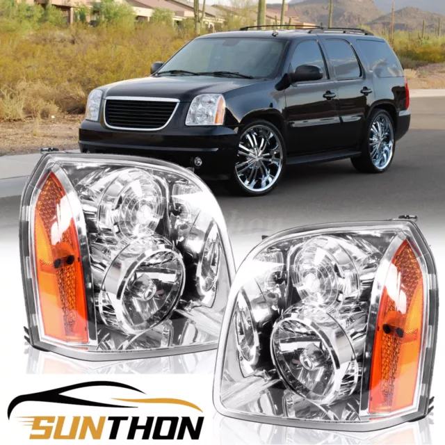 For 07-14 GMC Yukon XL 1500 2500 Headlights Assembly Chrome Clear Amber Headlamp