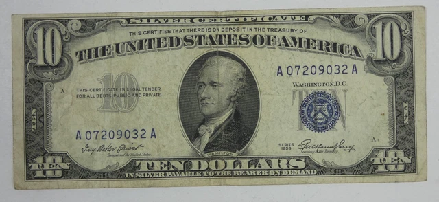 Series 1953 $10 Blue Seal Silver Certificate Note FINE Fr#1706