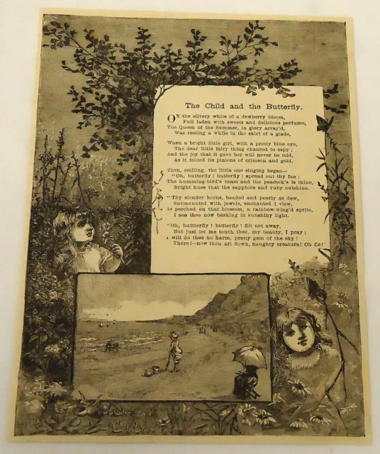 1882 Rivista Incisione W/ Poesia ~Il Bambino e La Farfalla