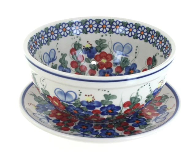 Blue Rose Polish Pottery Garden Butterfly Berry Bowl with Saucer
