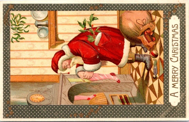 Full Length SANTA Filling a Stocking, CHRISTMAS Postcard - Souvenir PC 9144
