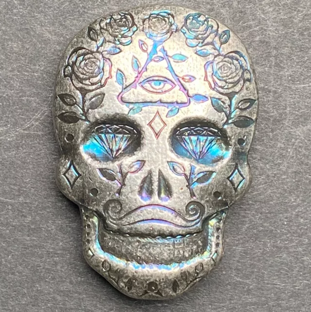 MPM 2 oz .999 Fine Silver Sugar Skull 3D Art Bar Day of the Dead -All seeing eye