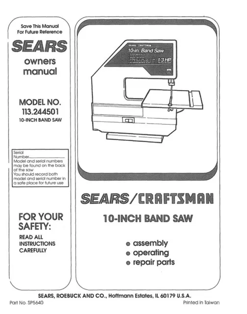 Owner's Manual & Parts List  Sears Craftsman 10" Band Saw - Model 113.244501