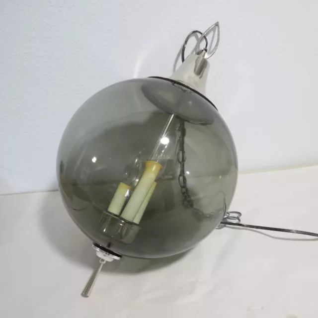 Vintage Mid Century Modern Hanging Swag Lamp With Smoked Glass Globe AS IS