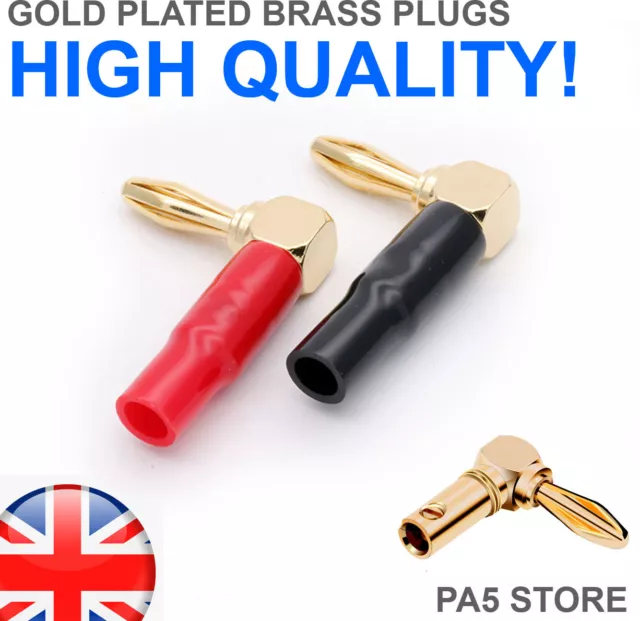 2x Brass Gold Plated Right Angled Banana Plugs 4mm PREMIUM QUALITY Amp Speaker /