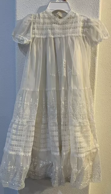 Vintage Baby Cream & Ivory Silk Lace Ruffle Christening Gown Dress With Bonnet