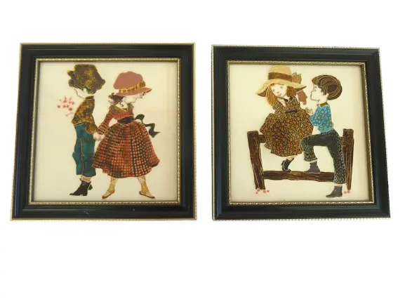 Vintage Maw & Co. Framed 8 Inch Ceramic Tiles x 2 Hand Majolica Paintings