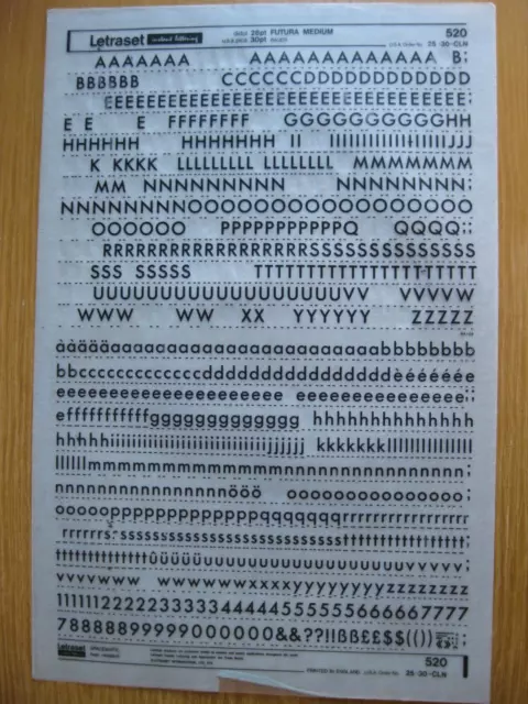 1 x Letraset  Upp/Low/Num FUTURA MEDIUM  28pt 7.0mm Sheet 520   (bb)