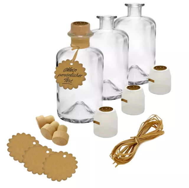 9x Apotheker Flaschen Glas Geschenk Set leer 0,7L +Anhänger Kapsel Korken Bast