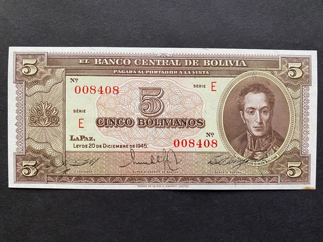 BOLIVIA, 1945, Billete Banco Central de Bolivia, CINCO BOLIVIANOS, Serie E, Unc