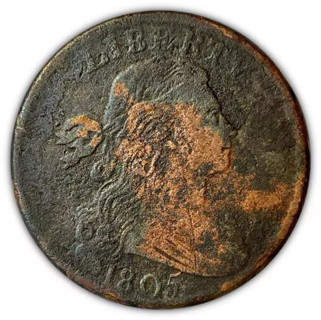 1805 Draped Bust Large Cent Very Fine VF Coin, Corrosion #1839
