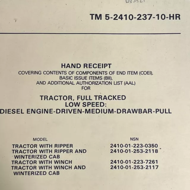 TM 5-2410-237-10-HR Hand Receipt Dozer Tractor Full Tracked End Item Basic Issue