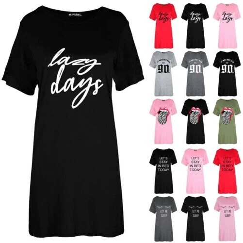 Donna Pigro Giorni Cotone Camicia da Notte Largo T Shirt Abito Pj Pigiama