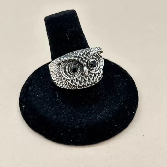 Good Luck Owl Face Black Cristal Eyes Mexican 925 Silver Taxco Ring Size 8.25