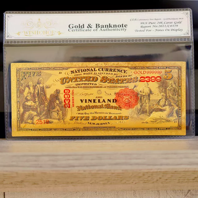 100mg 24K Gold 1875 $5 Dollars National Currency Banknote Type 1 with White COA