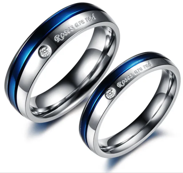 Titanium Steel Promise Wedding Bands Blue&silver Rose Love Couple Rings 1 Pair