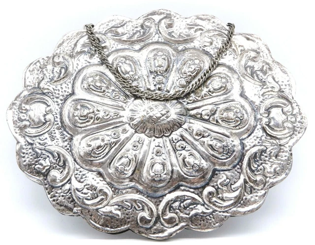 ANTIQUE 900 Silver Repousse Hanging Ornate 5 1/2" Mirror By Tavra