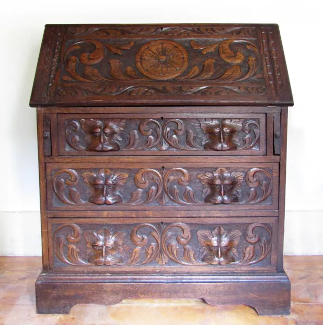 Gothic Antique Bureau Desk c19th Green Man Victorian Chest of Drawers Oak Retro