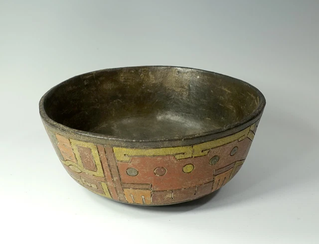Reproduction Vintage Pre Columbian Paracas Painted Pottery Blackware Bowl