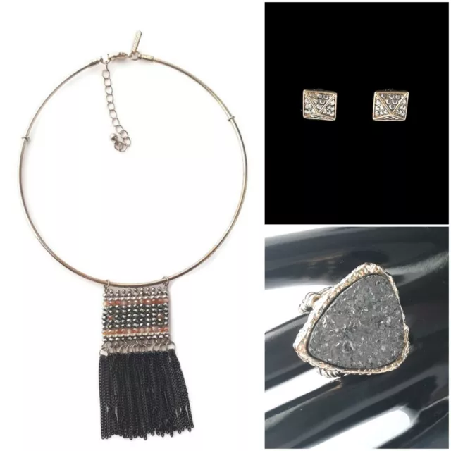 Topshop Freedom Fringe Wire Choker Necklace w Coordinating Ring & Earrings Boho