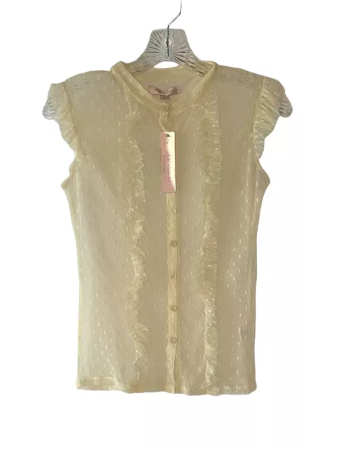 Romeo + Juliet Couture Ivory Sheer Mesh Ruffle-Trim Button-Up Top NWT Size Small