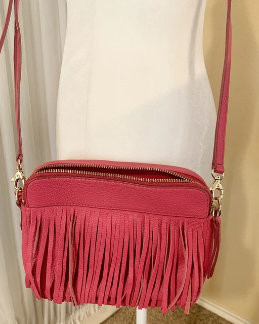 Fossil Pink Leather Fringe Crossbody Bag Purse Multi Pocket Double Compartment Fossil Pink Leather Fringe Crossbody Bag Purse Multi Pocket Double Compartment