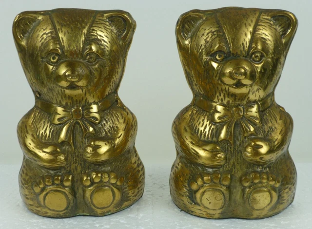 Vintage MCM Heavy Solid Brass Teddy Bear Bookends Paperweights Doorstops 5”x3”