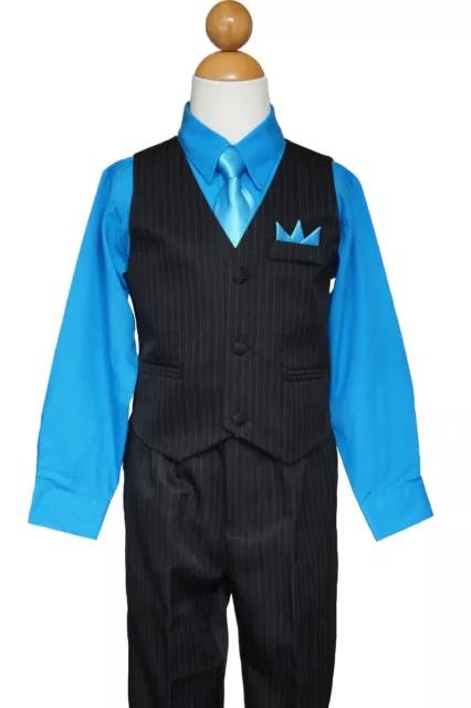 Pinstripe Boys Easter, Recital, Vest Suit Set, Turquoise/Black,Size: 2T to 14