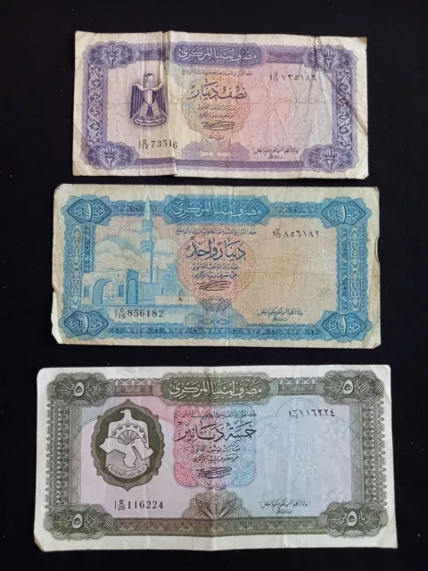 LIBYA 1/2 + 1 + 5  (1971) DINARS Banknotes - Used / Damaged