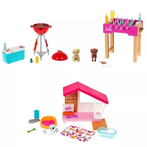 3 Barbie Accessory Playsets BBQ Grill Foosball Doghouse FXG34 GRG7 GRG76