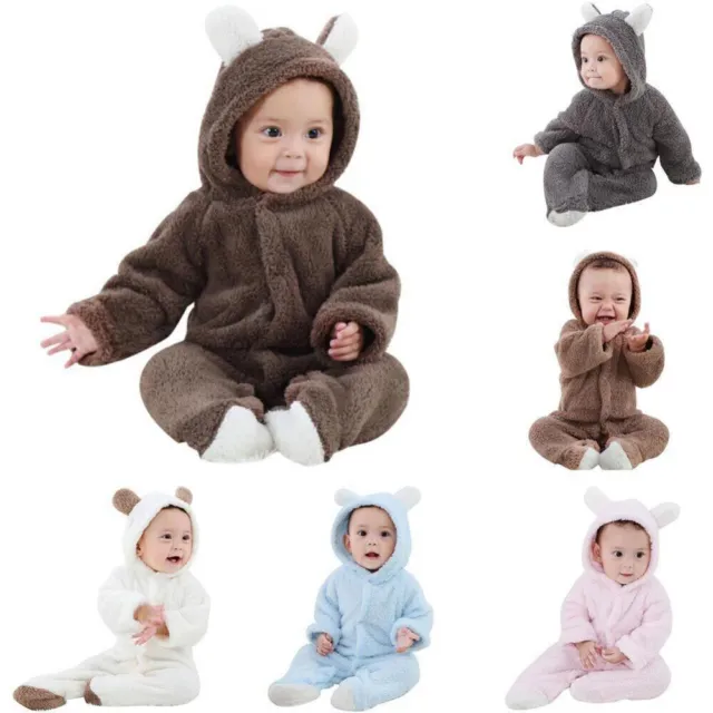 Newborn Baby Boy Girl Hooded Romper Jumpsuit Warm Bodysuit Outfit Winter Clothes