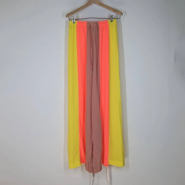 HOUSE OF CB Margot High Rise Striped Neon Wide Leg Pants Small Colorblock NWT