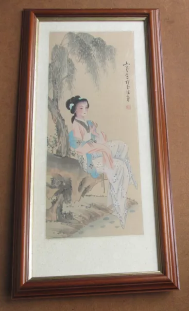 Original Chinese Watercolour On Silk Attractive Woman Lady Sexy Pose Pink Dress